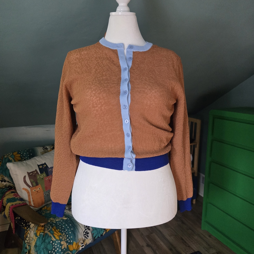 Zara Camel Cardigan with Light Blue Placket and Royal Blue Trim